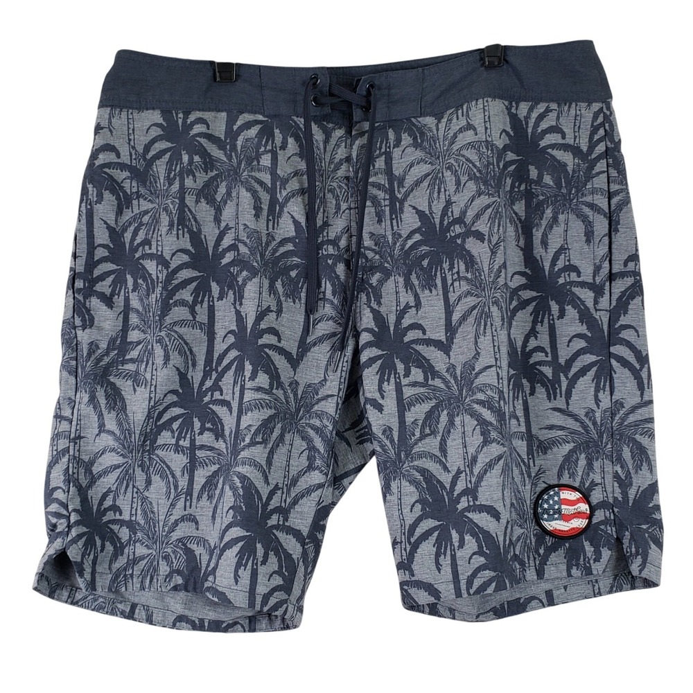 Travis Mathew Board Shorts Mens 35 Blue Palm Tree Tropical Stretch Surf Swim